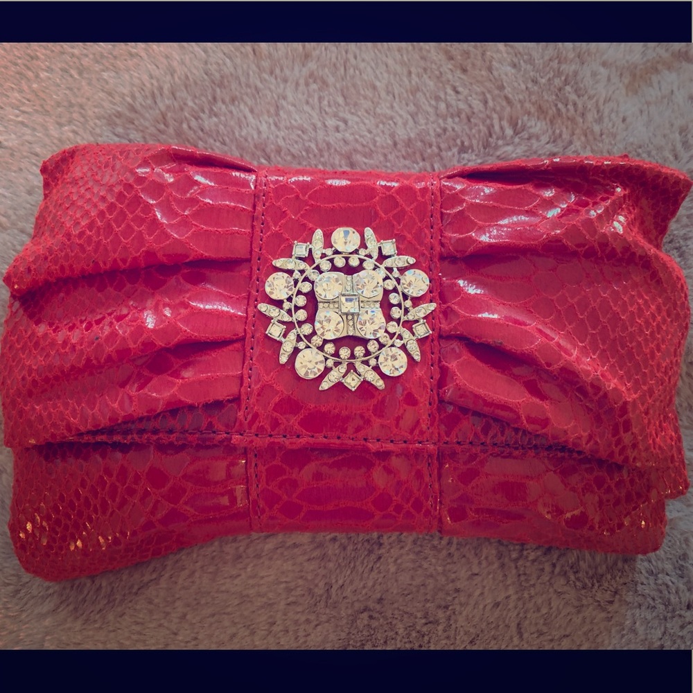 IMAN Red Faux Snake Rhinestone Bow Clutch